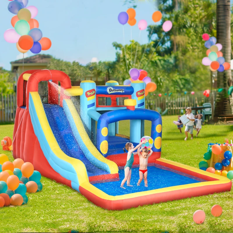 Outsunny Castillo Inflable de 3-8 Años con Soplador Tobogán Trampolín Piscina Bolsa de Transporte 435x245x200 cm Multicolor
