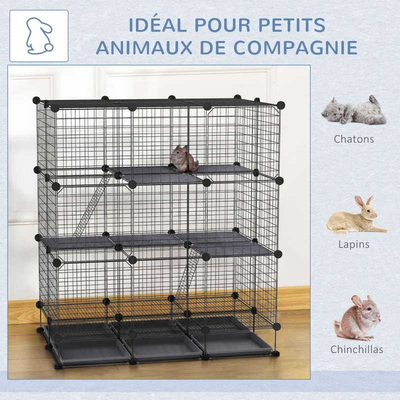 PawHut Cușcă parc rozătoare modulară dim. L 111 x l 75 x H 119 cm 3 nivele 4 uși sârmă metalică negru