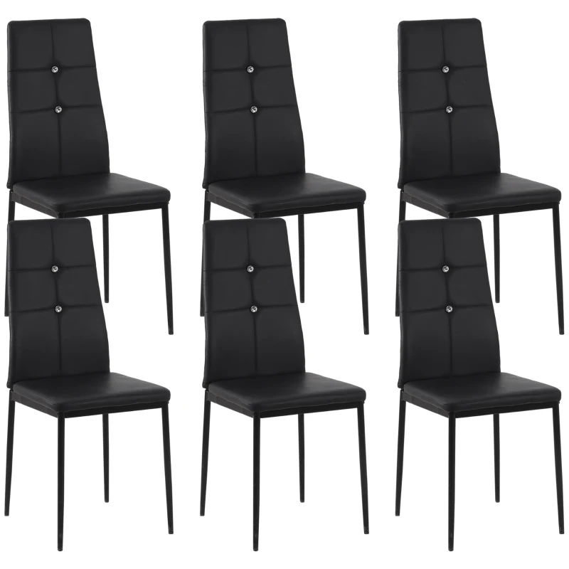 HOMCOM Joc de 6 Scaune de Dining Tapitate în PU cu Spătar Înalt cu Butoane și Picioare de Oțel Design Modern Negru