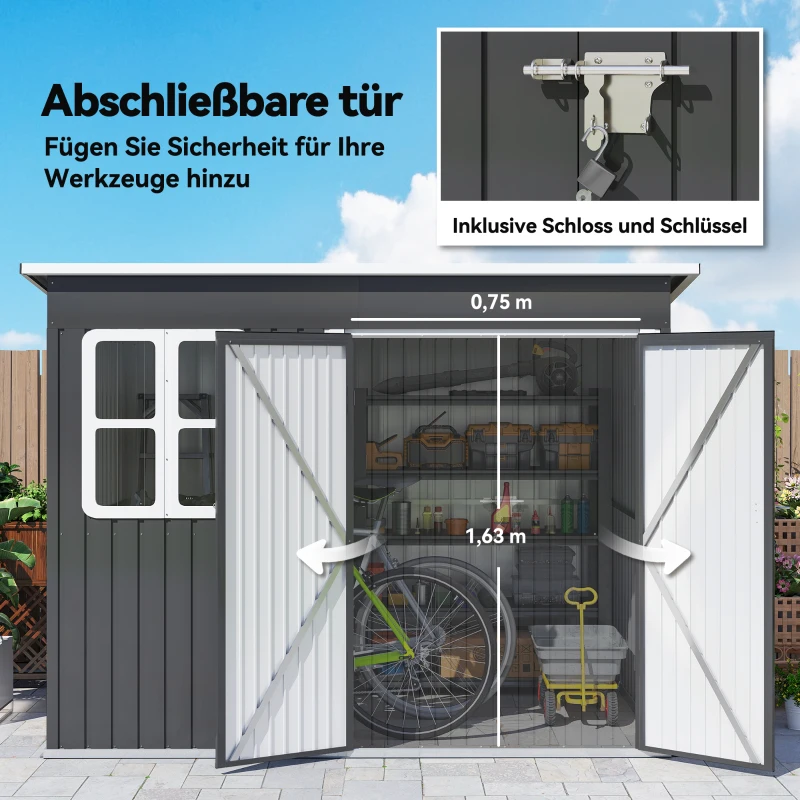 Outsunny Metallschuppen zur Aufbewahrung von Gartengeräten, mit Fenster, breite Tür, 260 x 177 x 190 cm, Dunkelgrau(m-6)