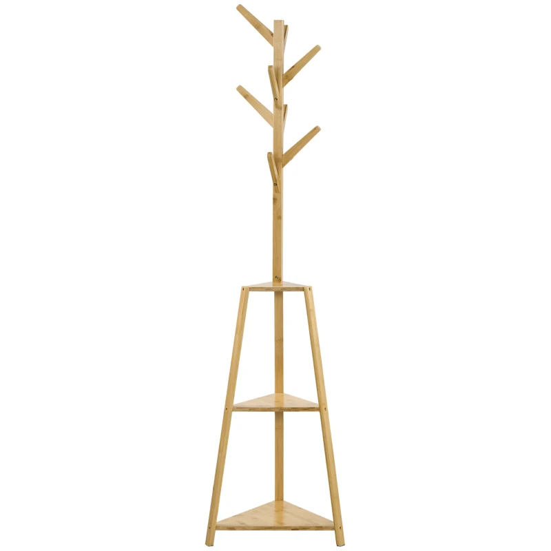 HOMCOM Suport pentru haine din bambus, stand pentru haine cu 8 cârlige și 3 rafturi 46 x 46 x 175 cm natural