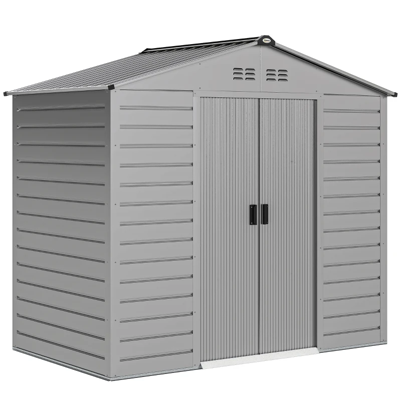 Outsunny Depozit pentru unelte de 2,43 ㎡, 213 x 131 x 192 cm, cu acoperiș în două ape, ușă glisantă blocabilă, rezistent la intemperii, Gri