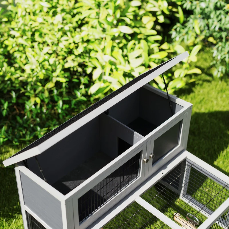 PawHut Hutch cu 2 nivele, cu acoperis rabatabil, cotet pentru iepuri din lemn masiv rezistent la iarna, casa dubla 122x95x93,5 cm gri