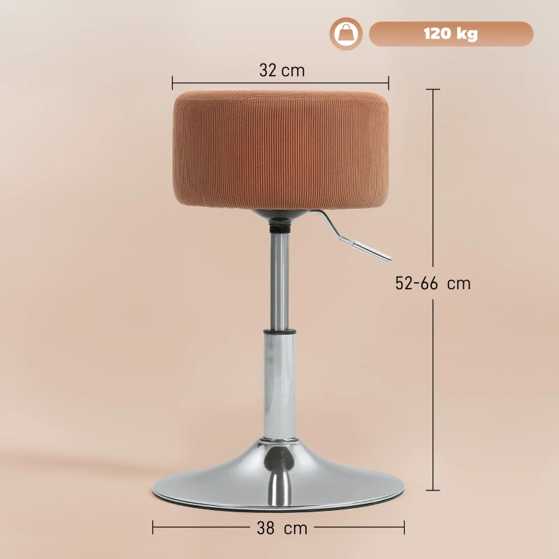 HOMCOM Taburet Inalt de Bucatarie Reglabil in Inaltime 52-66 cm Tapitat in Catifea Rotativ 360° Maro