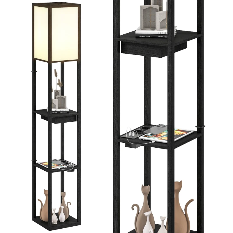 HOMCOM Lampadaire modern cu LED-uri și rafturi cu port USB A+C, comutator la picior pentru salon, cameră, birou, negru