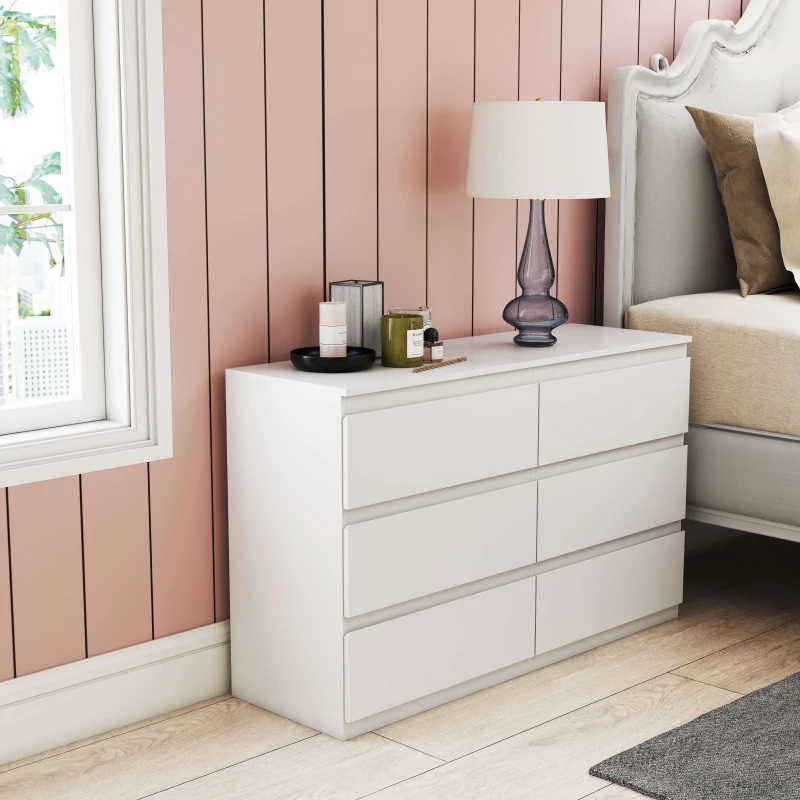 HOMCOM Cassettiera 6 Cassetti per Camera da Letto in Legno con Guide in Metallo, 120x39x75 cm, Bianco