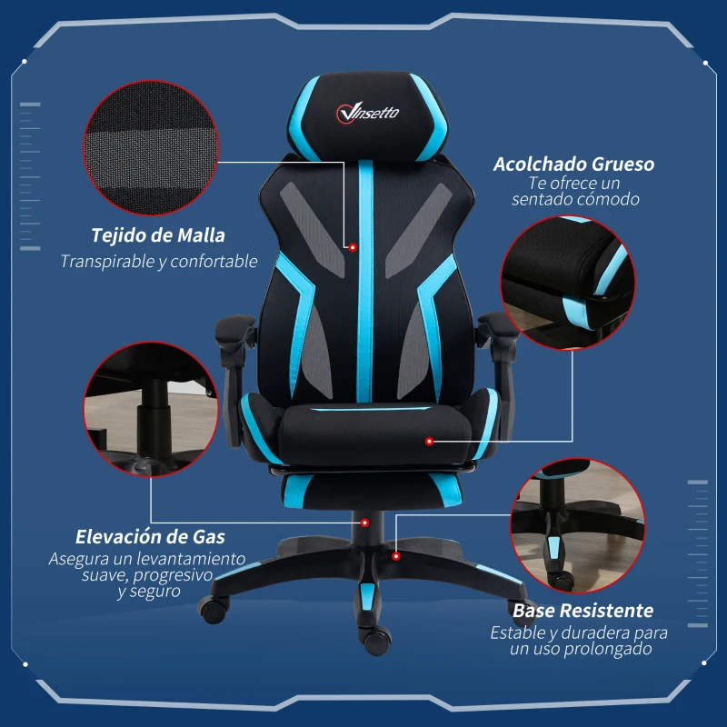 Vinsetto Scaun Gaming cu Suport pentru Picior Retractabil Scaun de Birou Rotativ Inclinabil cu Suport de Cap și Înălțime Reglabilă 65x65x119-129 cm Negru și Albastru