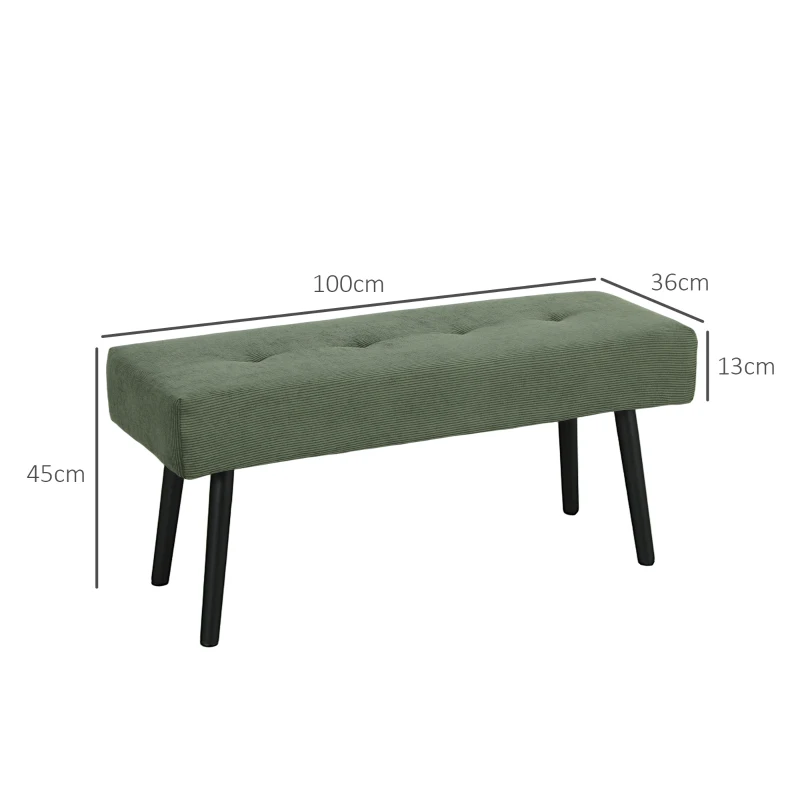 HOMCOM Bancă banca la capat de pat căptușită din catifea cotelată și picioare din oțel negru suport 220 kg 100 x 36 x 45 cm verde