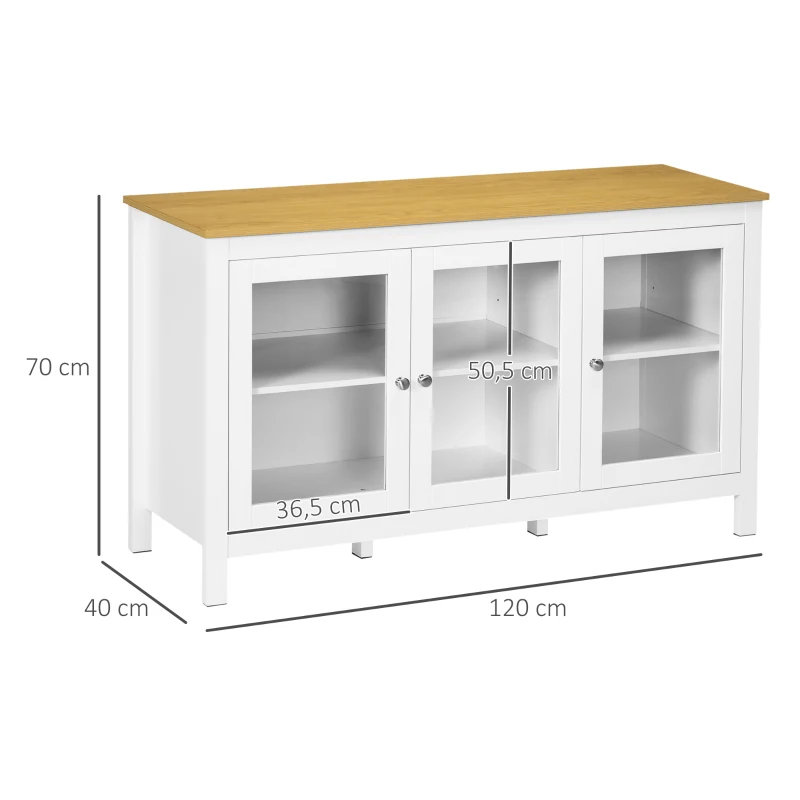 HOMCOM Bufet mobilier de depozitare cu 3 uși din sticlă 2 rafturi reglabile aspect de lemn deschis 120 x 40 x 70 cm alb