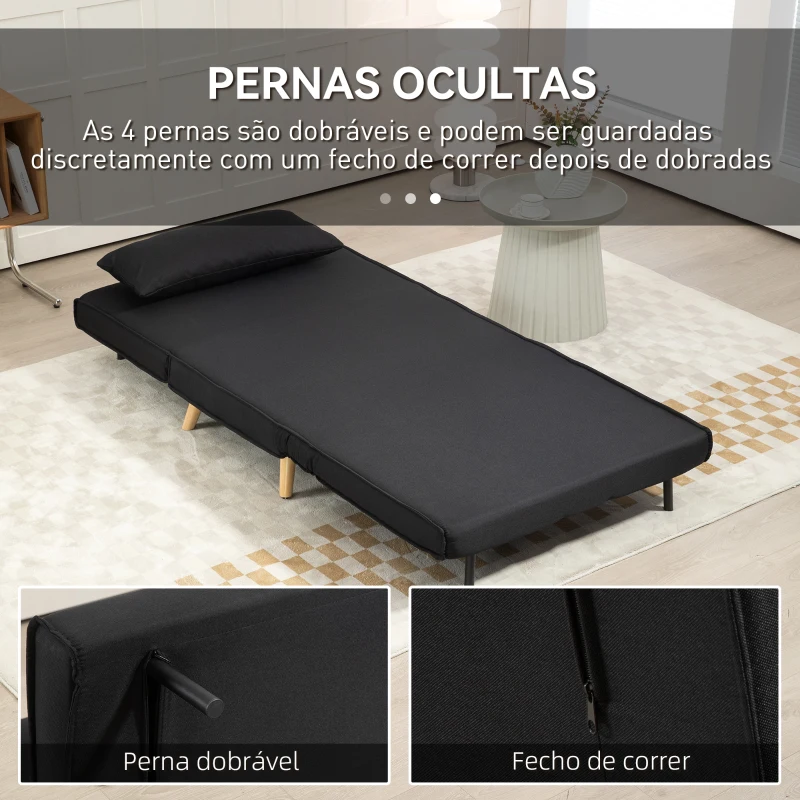 HOMCOM Poltrona 3 em 1 Sofá Cama Individual Dobrável com Encosto Ajustável em 6 Posições e Almofada 94x78x80 cm Preto