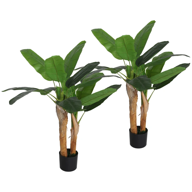 HOMCOM Set de 2 plante artificiale interioare 120 cm bananieri în ghiveci pentru decor acasă, birou, living, dormitor