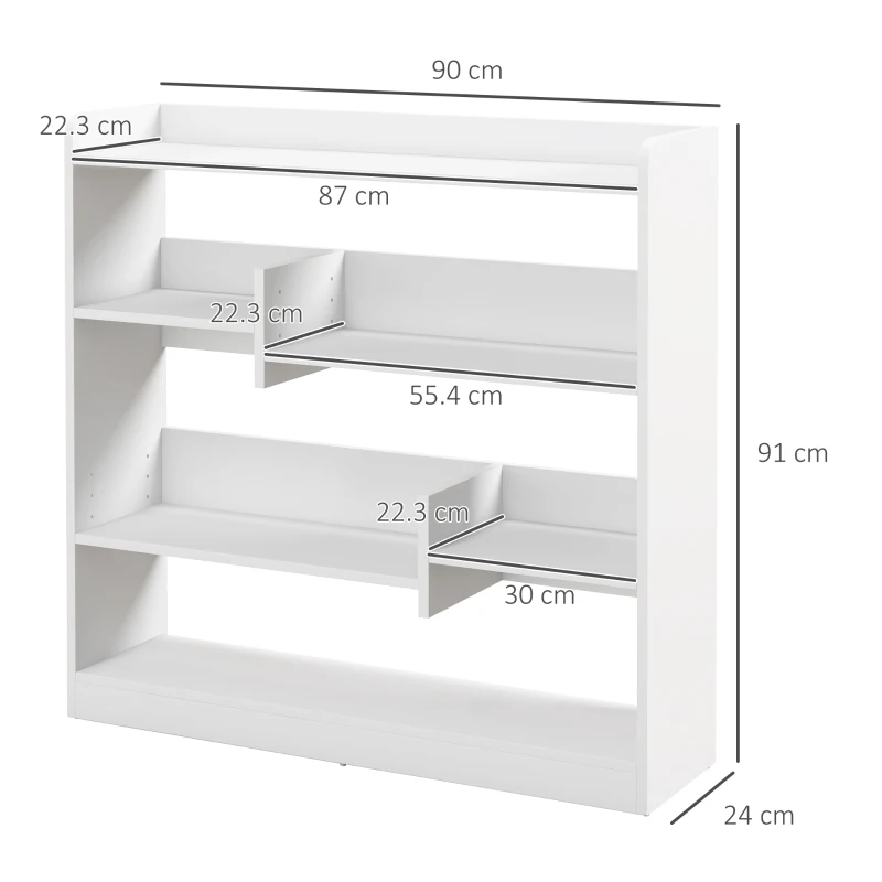 HOMCOM Bibliotecă etajeră Mobilier de Depozitare dim. 90L x 24l x 91H cm 4 Niveluri 3 Panouri din Spate Plăci din Particule Alb