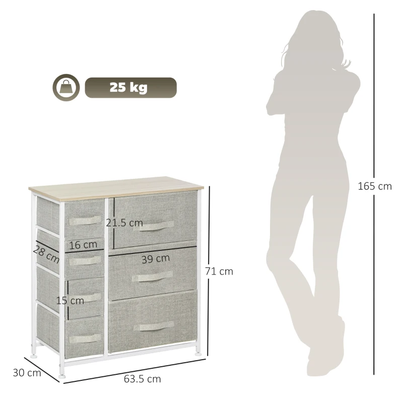 HOMCOM Sifonier 7 sertare din material textil, sifonier, mobilier de depozitare modern, cadru din oțel, 63,5 x 30 x 71 cm, gri