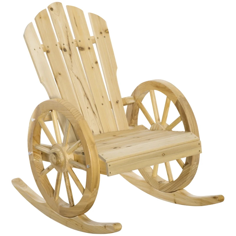 Outsunny Fotoliu de Grădină Adirondack cu Leagan Rocking Chair Stil Rustic Șic brațe Roți de Căruță Lemn de Brad Natural