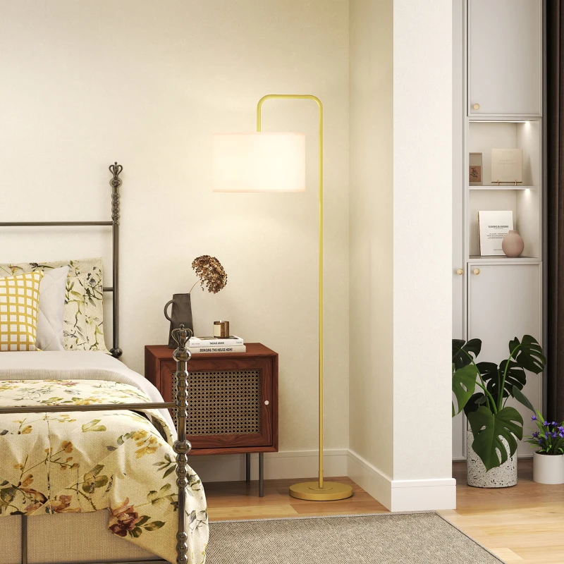 HOMCOM Candeeiro de Pé Moderno Lâmpada E27 Máx. 40W com Ecrã de Linho e Interruptor de Pé 64x38x163,5 cm Branco e Dourado