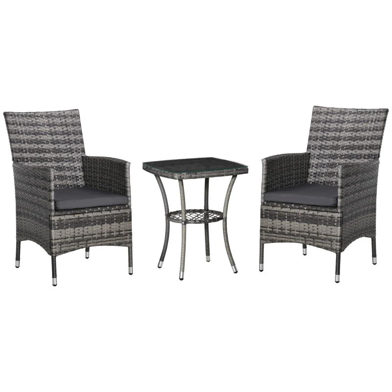 Set de mobilier de balcon Outsunny pentru 2 persoane, Set de scaune din ratan, Set de mobilier de grădină Polyrattan, Gri închis
