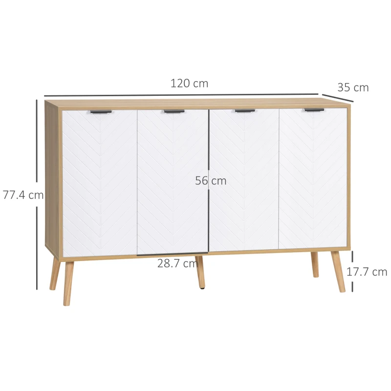 HOMCOM Bufet de depozitare scăzut mobilier cu 2 dulapuri 4 uși model de șevalet rafturi reglabile 120 x 35 x 77,4 cm alb