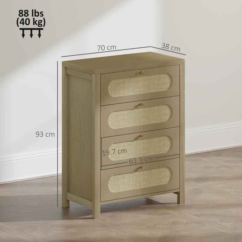 HOMCOM Comodă 4 sertare mobilier de depozitare stil boemian cu uși din răchită, 70 x 38 x 93 cm, efect lemn natural