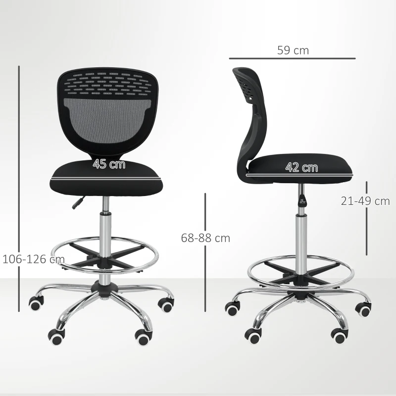 Vinsetto Scaun de birou ergonomic din plasă, scaun de desen, înălțime și suport pentru picioare reglabile, 59 x 59 x 106-126 cm, negru