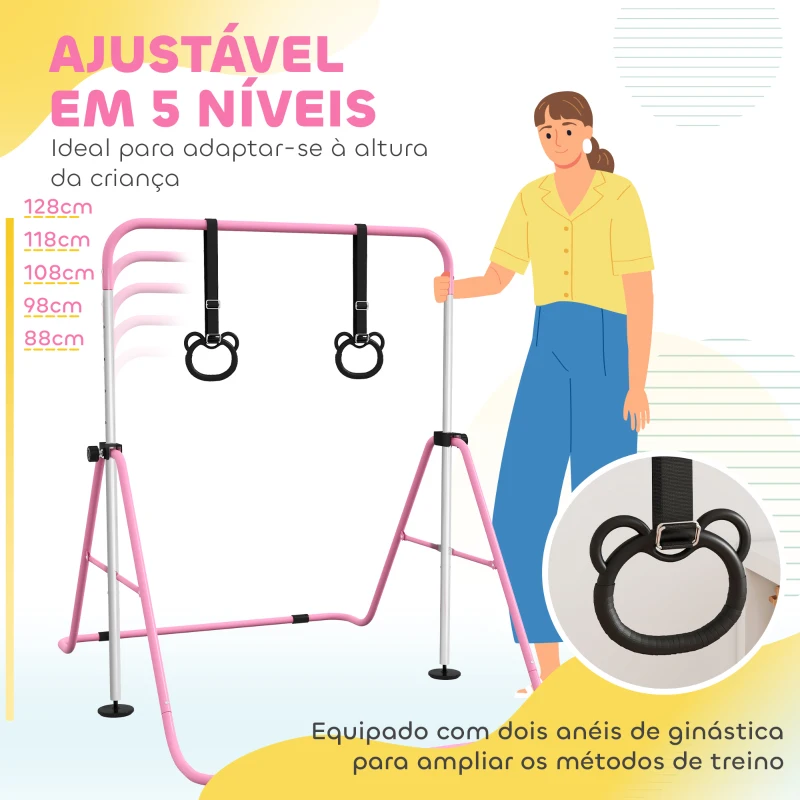 HOMCOM Barra de Ginástica para Crianças com Altura Ajustável em 5 Níveis Anéis e Dobrável 148x105x88-128 cm Rosa