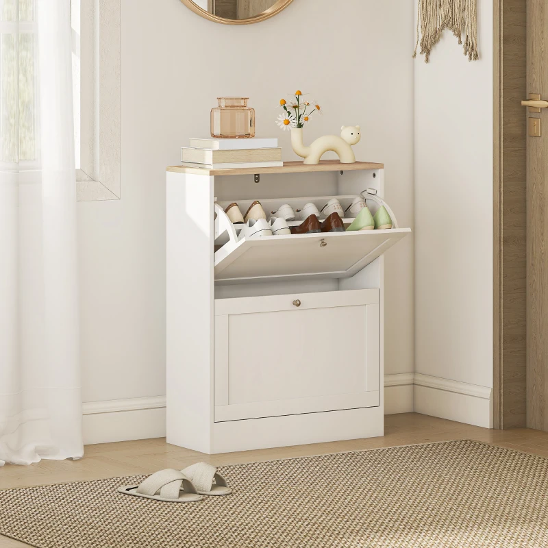 HOMCOM Dulap de pantofi 12 perechi, mobilier de intrare cu 2 sertare rabatabile și rafturi reglabile, 60 x 24 x 80 cm, alb