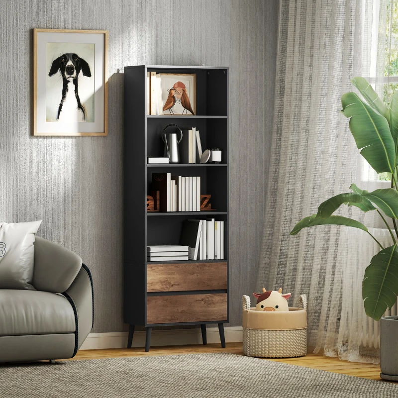 HOMCOM Bibliotecă mobilier de depozitare cu 4 compartimente deschise și 2 sertare, 60 x 30 x 179 cm, gri