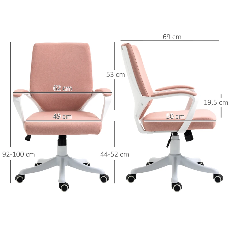 Vinsetto Scaun de birou Scaun de birou Home-Office Scaun cu funcție de balans Spătar reglabil înălțime gros și confortabil ergonomic Roți pivotante 360° din poliester nailon plastic PP Roz+alb 62x69x92-100 cm