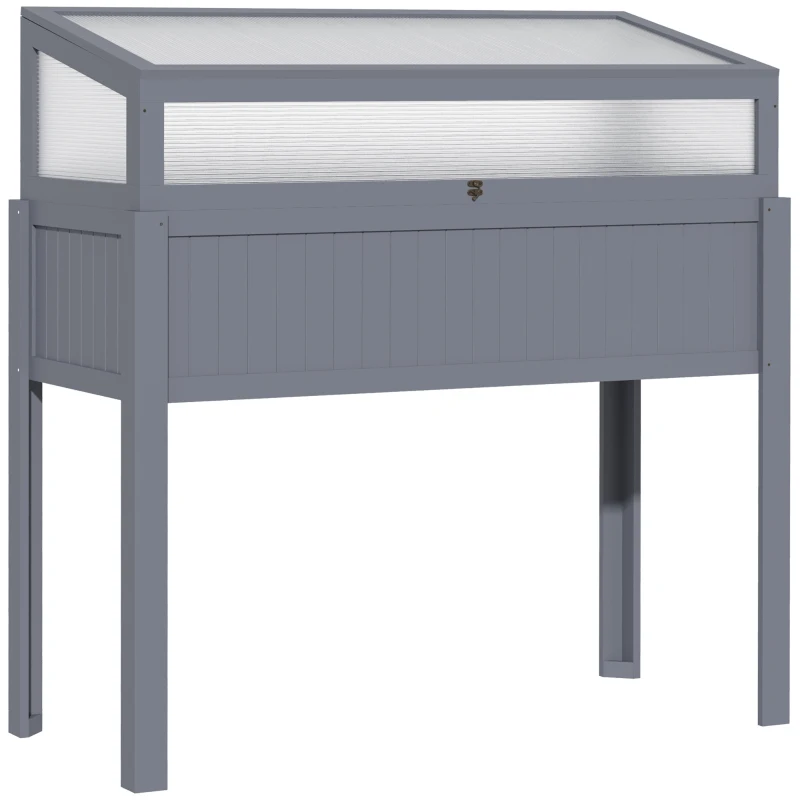 Outsunny Pat inalt din lemn cu sera 2 in 1, Gradina de roșii, Grădină de legume, Pat de plante aromatice, Parcare pentru grădină și terasă din policarbonat, Gri 120 x 54 x 112/122 cm