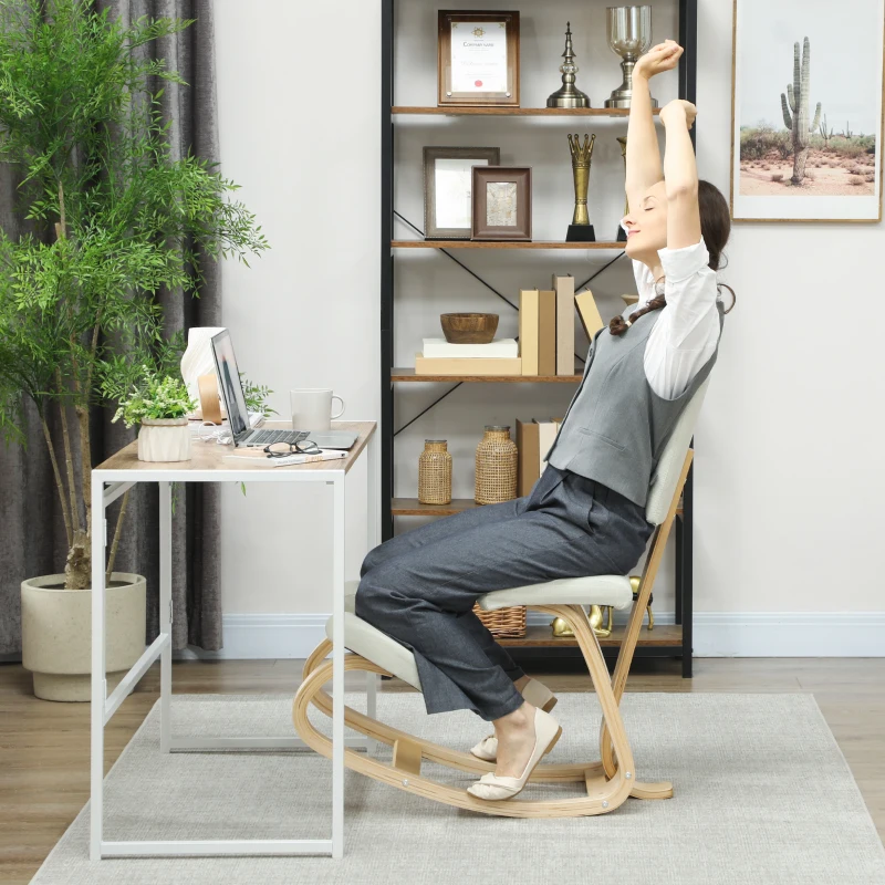 HOMCOM Fotoliu pe genunchi, taburet ergonomic din lemn cu balans și spătar, fotoliu pe genunchi pentru birou acasă, crem