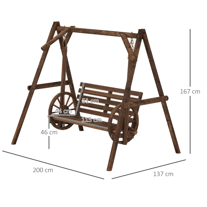Outsunny Balansoar de grădină 2 locuri din lemn cu brațe Roți Căruțe pentru grădină - dim. 200L x 137l x 167H cm
