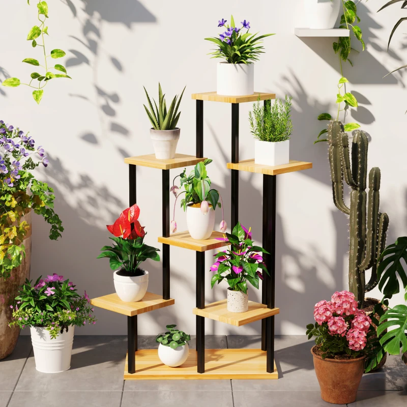 Outsunny Suport pentru plante cu 7 niveluri pentru interior și exterior, stand plante din oțel și lemn, lemn natural