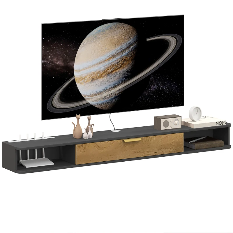 HOMCOM Suport TV suspendat cu compartimente deschise, usa rabatabila si treceri pentru cabluri, 160 x 24 x 16 cm, gri