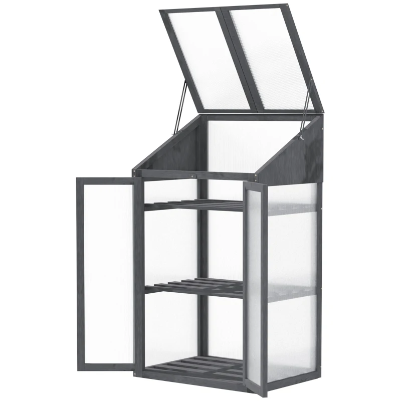 Outsunny Mini-seră, seră mică cu cadru din lemn, ferestre și uși duble, 3 rafturi, 70L x 50W x 120H cm, gri
