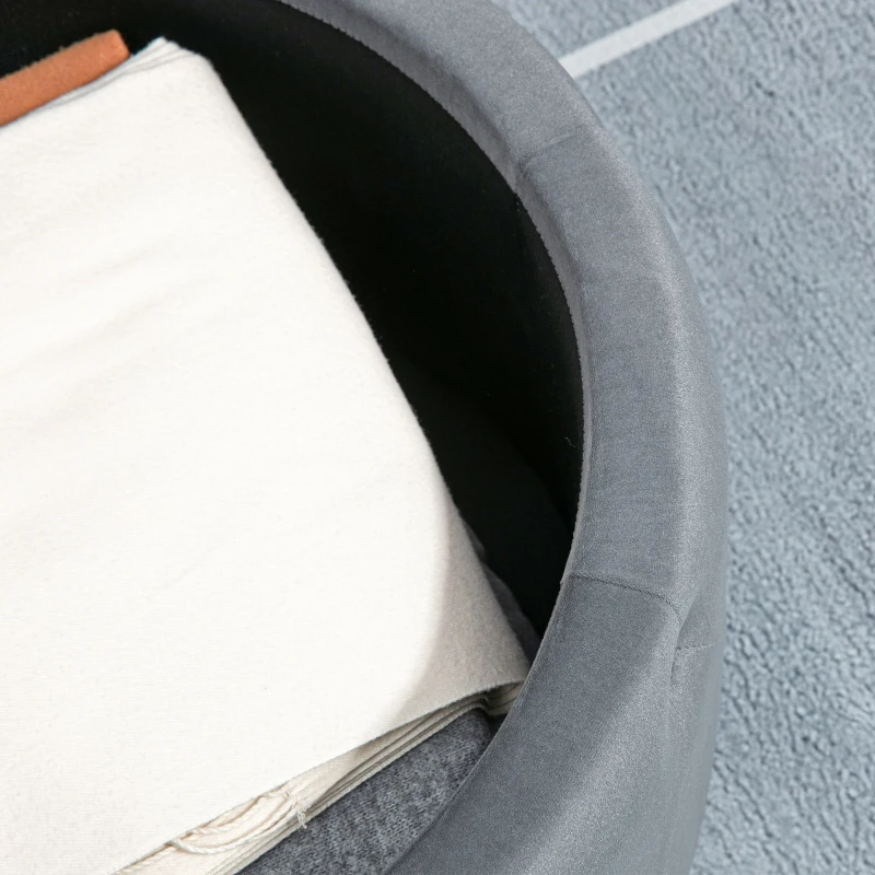 HOMCOM Puf, rotund, cu spațiu de depozitare, model matlasat cu butoane, catifea, gri, 60 x 60 x 40 cm