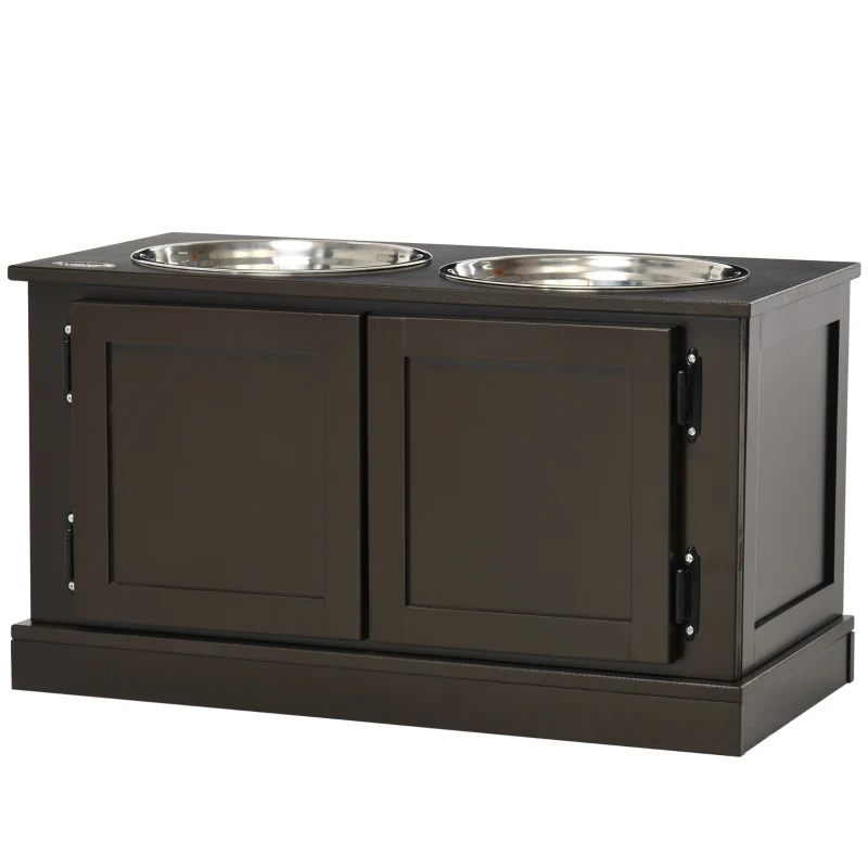 PawHut Stație de hrănire cu boluri ridicate, cu spațiu de depozitare, 60 cm x 30 cm x 34 cm, Maro + Argintiu