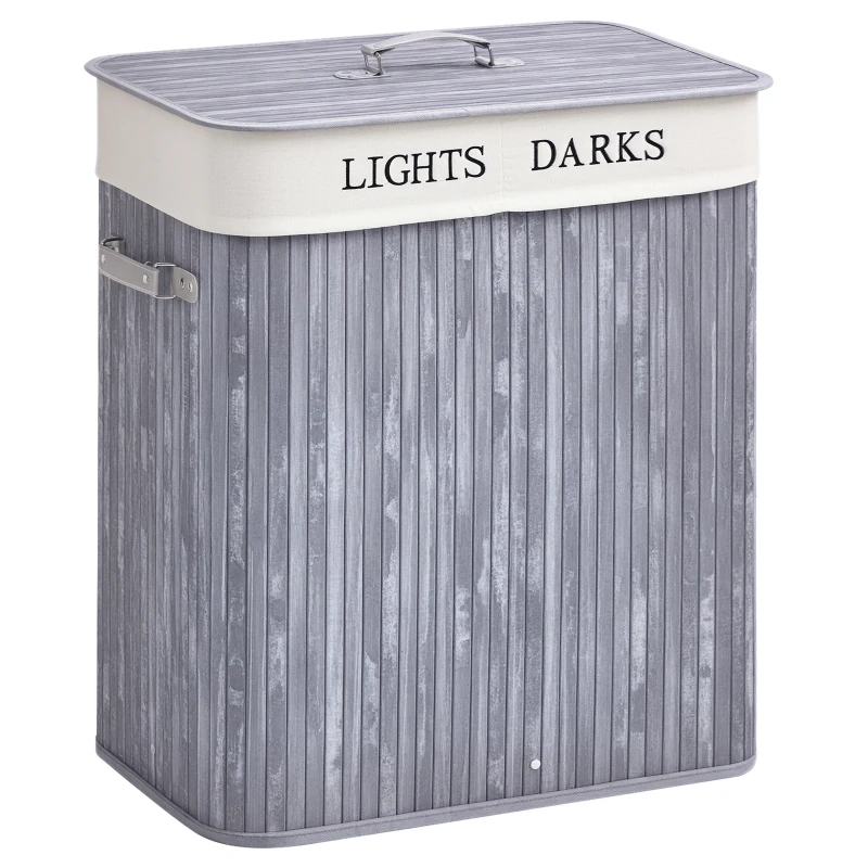 HOMCOM Coș de rufe din bambus cu capac 100 L Colector de rufe cu mânere din PU, sac de rufe din pânză de vela, Coșuri de rufe pentru bucătărie dormitor baie Gri