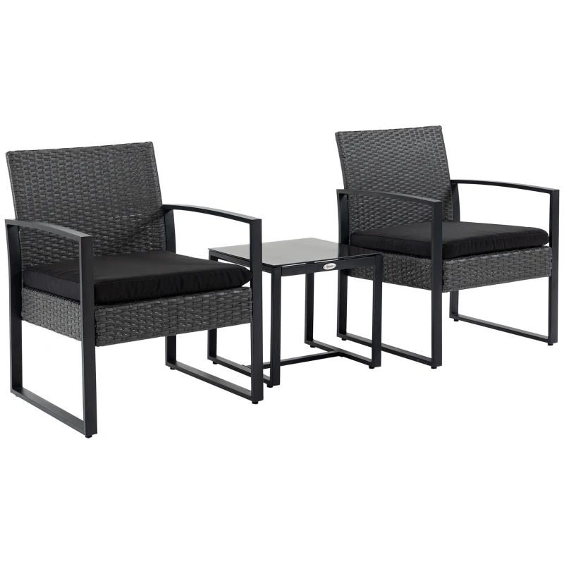 Outsunny Salon de jardin 2 locuri 3 piese 2 scaune cu perne + masă de cafea blat sticlă securizată rășină tressée 4 fire imitație de răchită gri