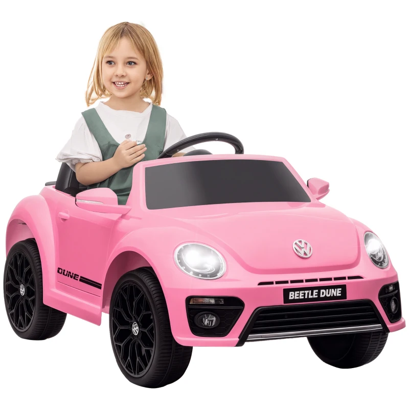 AIYAPLAY Mașină electrică pentru copii, VW Beetle, 3-5 km/h, cu telecomandă & muzică, roz
