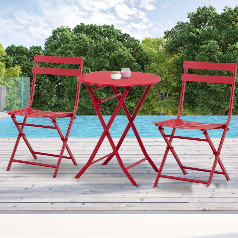 Outsunny Set de grădină bistro pliabil - masă rotundă Ø 60 cm cu 2 scaune pliabile - metal termolacat roșu