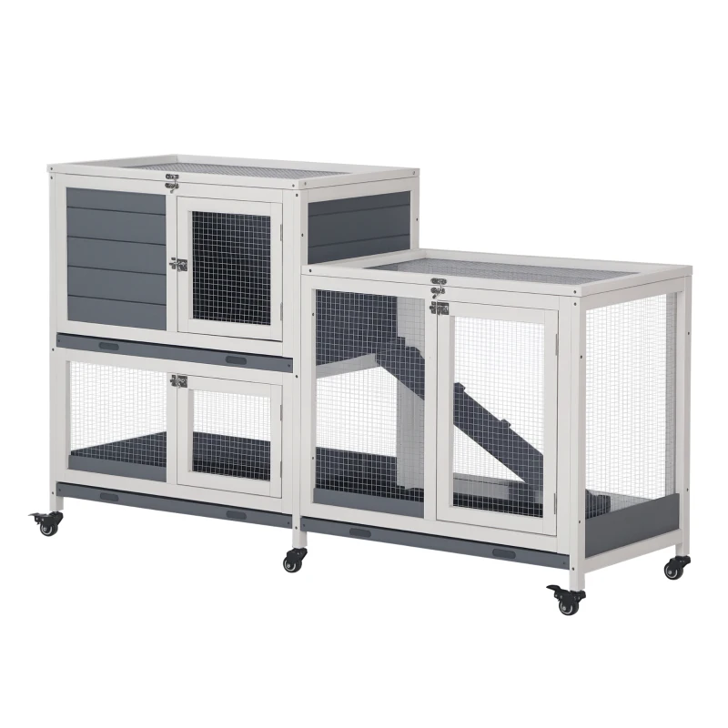 PawHut Cușcă de Lemn cu Roți 147x45,5x88,5 cm Jaulă pentru Iepuri de 2 Etaje cu Acoperiș Deschis 2 Curți din Metal 3 Tăvi Detașabile 3 Uși cu Sistem de Închidere și Rampă Gri