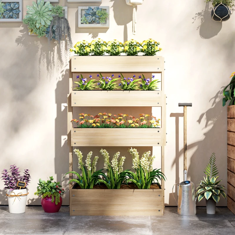Outsunny Jardiniere înaltă din lemn cu 4 etaje, scară de flori cu căptușeală, găuri de drenaj, lemn natural