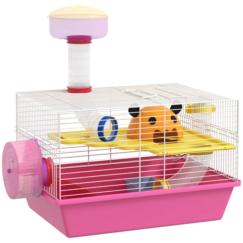 PawHut Cușcă pentru hamster șoarece rozătoare multicoloră cu platformă, biberon apă, roată, casă, 34 x 27 x 25 cm, roz
