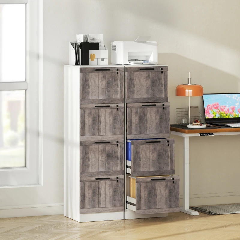 HOMCOM Cajonieră de Birou cu 4 Sertare Încuietoare 2 Chei Bare Suspendate pentru A4 Scrisoare 39,4x40x129 cm Alb și Lemn