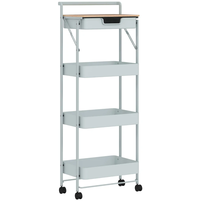 HOMCOM Desserte cărucior de depozitare cu roți 4 niveluri cu sertar, blat și coșuri, verde