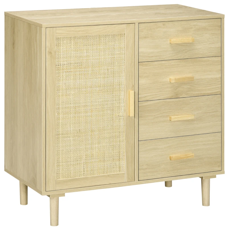 HOMCOM Bufet rotin cu dulapuri cu ușă cannage și 4 sertar, 80 x 38 x 80,5 cm, efect lemn natural