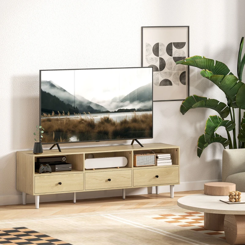 HOMCOM Mobilier TV pentru până la 75", cu 3 sertare, 3 rafturi deschise și canal pentru cabluri, 140 x 34 x 45 cm, lemn natural