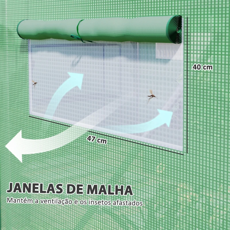 Outsunny Estufa tipo Túnel 397x300x200 cm Estufa de Exterior com 4 Janelas de Malha Cobertura de PE Anti UV e 3 Portas Enroláveis Verde