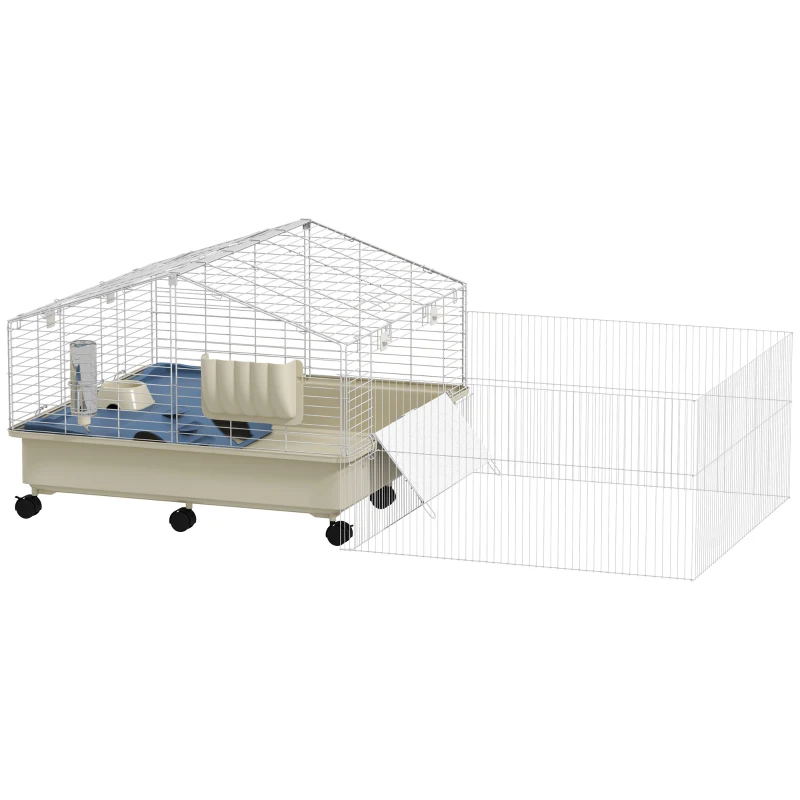 PawHut Cușcă pentru animale mici, balcon, rampă, suport pentru fân, sticlă pentru apă, design cu 2 nivele, alb