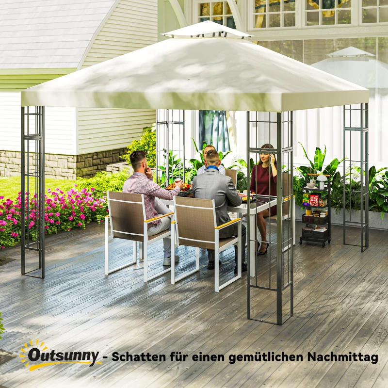 Outsunny Pavilion de grădină 3 x 3 m, design cu două niveluri, Protecție UV30+, Rezistent la UV, Protecție solară, Cadru din metal, Crem