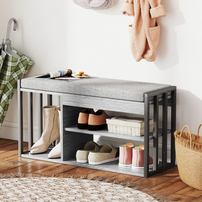 HOMCOM Suport pentru pantofi cu bancă de ședere, mobilier de hol pentru pantofi, dulap cu design în 3 trepte, pentru hol, intrare, camera de zi, dormitor, Gri